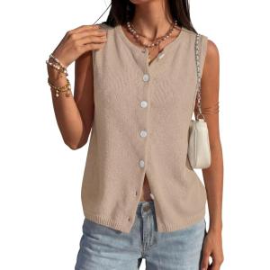 imagePRETTYGARDEN Sweater Vest Women 2026 Summer Sleeveless Cardigans Trendy Knit Vest Top Button Down Spring Sweater TopsKhaki