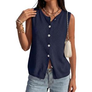 imagePRETTYGARDEN Sweater Vest Women 2026 Summer Sleeveless Cardigans Trendy Knit Vest Top Button Down Spring Sweater TopsNavy Blue