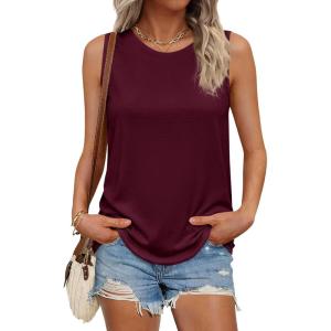 imagePRETTYGARDEN Tank Tops for Women 2026 Summer Sleeveless Wide Strap Tops Spring Fashion Casual Flowy Loose Fit Workout ShirtsBurgundy