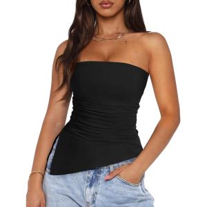 imagePRETTYGARDEN Tube Tops for Women Trendy Summer 2026 Spring Fashion Going Out Y2K Clothes Asymmetrical Ruched Strapless ShirtsBlack