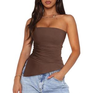 imagePRETTYGARDEN Tube Tops for Women Trendy Summer 2026 Spring Fashion Going Out Y2K Clothes Asymmetrical Ruched Strapless ShirtsCoffee