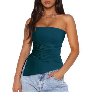 imagePRETTYGARDEN Tube Tops for Women Trendy Summer 2026 Spring Fashion Going Out Y2K Clothes Asymmetrical Ruched Strapless ShirtsDark Blue