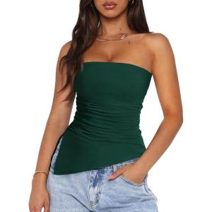 imagePRETTYGARDEN Tube Tops for Women Trendy Summer 2026 Spring Fashion Going Out Y2K Clothes Asymmetrical Ruched Strapless ShirtsDark Green