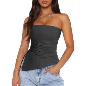 imagePRETTYGARDEN Tube Tops for Women Trendy Summer 2026 Spring Fashion Going Out Y2K Clothes Asymmetrical Ruched Strapless ShirtsDark Grey