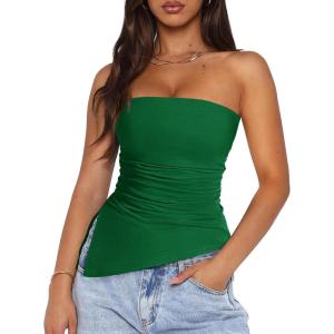 imagePRETTYGARDEN Tube Tops for Women Trendy Summer 2026 Spring Fashion Going Out Y2K Clothes Asymmetrical Ruched Strapless ShirtsGreen