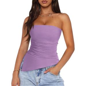 imagePRETTYGARDEN Tube Tops for Women Trendy Summer 2026 Spring Fashion Going Out Y2K Clothes Asymmetrical Ruched Strapless ShirtsPurple