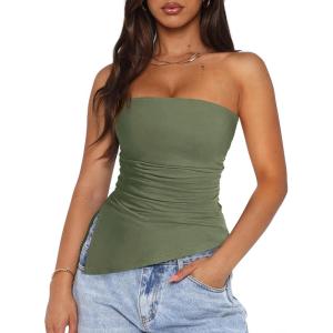 imagePRETTYGARDEN Tube Tops for Women Trendy Summer 2026 Spring Fashion Going Out Y2K Clothes Asymmetrical Ruched Strapless ShirtsSage Green