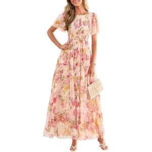 imagePRETTYGARDEN Tulle Floral Dress Women Summer Wedding Guest 2026 Spring Short Sleeve Maxi Smocked Flowy Beach Party DressesApricot Multi Floral