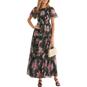imagePRETTYGARDEN Tulle Floral Dress Women Summer Wedding Guest 2026 Spring Short Sleeve Maxi Smocked Flowy Beach Party DressesArmy Green Pink Floral