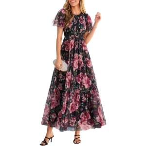 imagePRETTYGARDEN Tulle Floral Dress Women Summer Wedding Guest 2026 Spring Short Sleeve Maxi Smocked Flowy Beach Party DressesBlack Floral