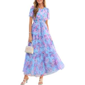 imagePRETTYGARDEN Tulle Floral Dress Women Summer Wedding Guest 2026 Spring Short Sleeve Maxi Smocked Flowy Beach Party DressesBlue Pink Floral