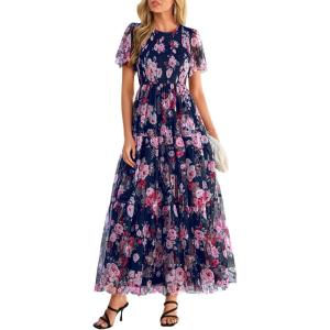 imagePRETTYGARDEN Tulle Floral Dress Women Summer Wedding Guest 2026 Spring Short Sleeve Maxi Smocked Flowy Beach Party DressesNavy Multi Floral