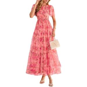imagePRETTYGARDEN Tulle Floral Dress Women Summer Wedding Guest 2026 Spring Short Sleeve Maxi Smocked Flowy Beach Party DressesOrange Pink Red Floral