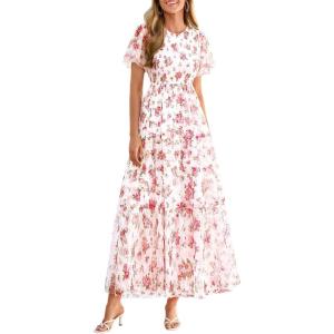 imagePRETTYGARDEN Tulle Floral Dress Women Summer Wedding Guest 2026 Spring Short Sleeve Maxi Smocked Flowy Beach Party DressesWhite Pink Floral