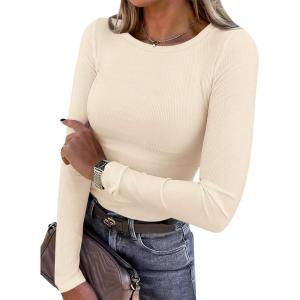 imagePRETTYGARDEN Women 2026 Fall Clothes Long Sleeve Shirts Ribbed Knit Fitted Basic Tee Going Out Tops Underscrub Casual OutfitsBeige