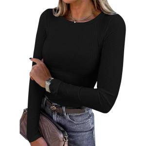 imagePRETTYGARDEN Women 2026 Fall Clothes Long Sleeve Shirts Ribbed Knit Fitted Basic Tee Going Out Tops Underscrub Casual OutfitsBlack