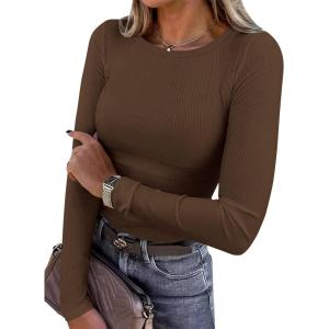 imagePRETTYGARDEN Women 2026 Fall Clothes Long Sleeve Shirts Ribbed Knit Fitted Basic Tee Going Out Tops Underscrub Casual OutfitsBrown