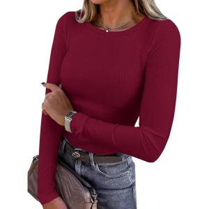 imagePRETTYGARDEN Women 2026 Fall Clothes Long Sleeve Shirts Ribbed Knit Fitted Basic Tee Going Out Tops Underscrub Casual OutfitsBurgundy