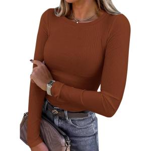 imagePRETTYGARDEN Women 2026 Fall Clothes Long Sleeve Shirts Ribbed Knit Fitted Basic Tee Going Out Tops Underscrub Casual OutfitsCaramel