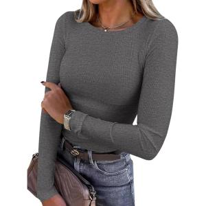imagePRETTYGARDEN Women 2026 Fall Clothes Long Sleeve Shirts Ribbed Knit Fitted Basic Tee Going Out Tops Underscrub Casual OutfitsCharcoal