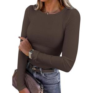 imagePRETTYGARDEN Women 2026 Fall Clothes Long Sleeve Shirts Ribbed Knit Fitted Basic Tee Going Out Tops Underscrub Casual OutfitsDark Brown