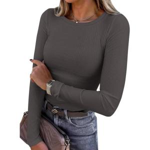 imagePRETTYGARDEN Women 2026 Fall Clothes Long Sleeve Shirts Ribbed Knit Fitted Basic Tee Going Out Tops Underscrub Casual OutfitsDark Grey