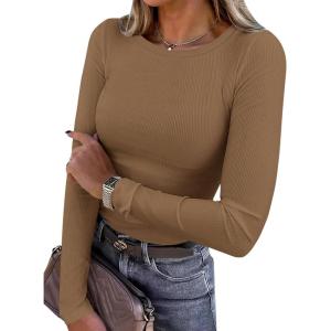imagePRETTYGARDEN Women 2026 Fall Clothes Long Sleeve Shirts Ribbed Knit Fitted Basic Tee Going Out Tops Underscrub Casual OutfitsDark Khaki