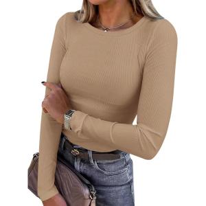 imagePRETTYGARDEN Women 2026 Fall Clothes Long Sleeve Shirts Ribbed Knit Fitted Basic Tee Going Out Tops Underscrub Casual OutfitsKhaki