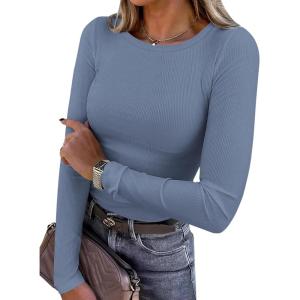 imagePRETTYGARDEN Women 2026 Fall Clothes Long Sleeve Shirts Ribbed Knit Fitted Basic Tee Going Out Tops Underscrub Casual OutfitsLight Dusty Blue