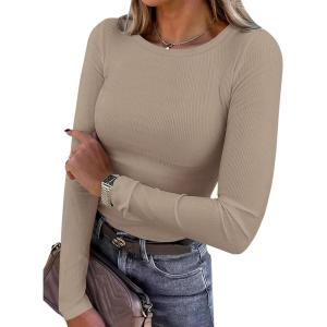 imagePRETTYGARDEN Women 2026 Fall Clothes Long Sleeve Shirts Ribbed Knit Fitted Basic Tee Going Out Tops Underscrub Casual OutfitsLight Khaki