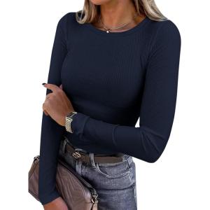 imagePRETTYGARDEN Women 2026 Fall Clothes Long Sleeve Shirts Ribbed Knit Fitted Basic Tee Going Out Tops Underscrub Casual OutfitsNavy Blue