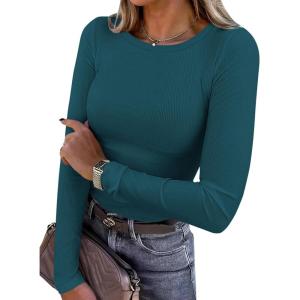 imagePRETTYGARDEN Women 2026 Fall Clothes Long Sleeve Shirts Ribbed Knit Fitted Basic Tee Going Out Tops Underscrub Casual OutfitsPeacock Blue