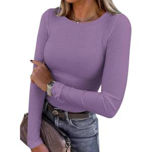 imagePRETTYGARDEN Women 2026 Fall Clothes Long Sleeve Shirts Ribbed Knit Fitted Basic Tee Going Out Tops Underscrub Casual OutfitsPurple