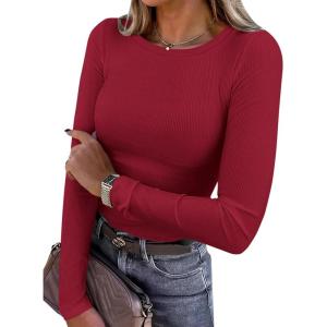 imagePRETTYGARDEN Women 2026 Fall Clothes Long Sleeve Shirts Ribbed Knit Fitted Basic Tee Going Out Tops Underscrub Casual OutfitsRed
