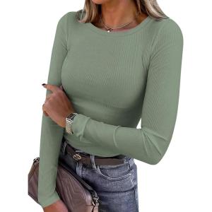 imagePRETTYGARDEN Women 2026 Fall Clothes Long Sleeve Shirts Ribbed Knit Fitted Basic Tee Going Out Tops Underscrub Casual OutfitsSage Green
