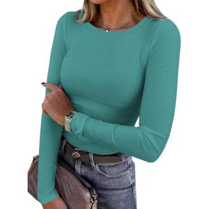 imagePRETTYGARDEN Women 2026 Fall Clothes Long Sleeve Shirts Ribbed Knit Fitted Basic Tee Going Out Tops Underscrub Casual OutfitsTeal
