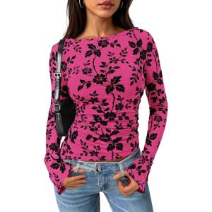 imagePRETTYGARDEN Women Long Sleeve Floral Mesh Tops Blouse 2026 Fall Trendy Boat Neck Ruched Spring Shirt Going Out Date OutfitsHot Pink