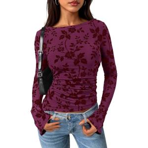 imagePRETTYGARDEN Women Long Sleeve Floral Mesh Tops Blouse 2026 Fall Trendy Boat Neck Ruched Spring Shirt Going Out Date OutfitsPurple Red