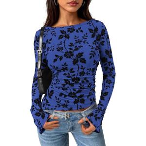 imagePRETTYGARDEN Women Long Sleeve Floral Mesh Tops Blouse 2026 Fall Trendy Boat Neck Ruched Spring Shirt Going Out Date OutfitsRoyal Blue