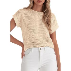 imagePRETTYGARDEN Womens 2026 Spring Fashion Sweater Vest Business Casual Crochet Tops Cap Sleeve Knit Shirt Beach Summer OutfitsApricot