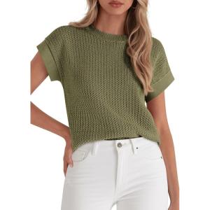 imagePRETTYGARDEN Womens 2026 Spring Fashion Sweater Vest Business Casual Crochet Tops Cap Sleeve Knit Shirt Beach Summer OutfitsArmy Green