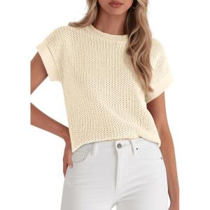 imagePRETTYGARDEN Womens 2026 Spring Fashion Sweater Vest Business Casual Crochet Tops Cap Sleeve Knit Shirt Beach Summer OutfitsBeige