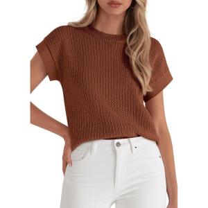 imagePRETTYGARDEN Womens 2026 Spring Fashion Sweater Vest Business Casual Crochet Tops Cap Sleeve Knit Shirt Beach Summer OutfitsBrown