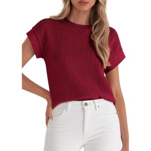 imagePRETTYGARDEN Womens 2026 Spring Fashion Sweater Vest Business Casual Crochet Tops Cap Sleeve Knit Shirt Beach Summer OutfitsBurgundy