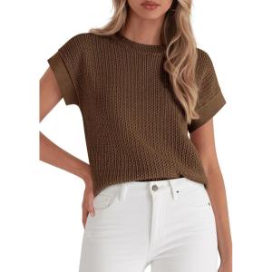 imagePRETTYGARDEN Womens 2026 Spring Fashion Sweater Vest Business Casual Crochet Tops Cap Sleeve Knit Shirt Beach Summer OutfitsCoffee