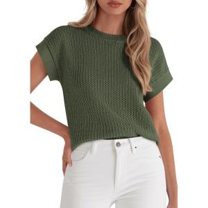 imagePRETTYGARDEN Womens 2026 Spring Fashion Sweater Vest Business Casual Crochet Tops Cap Sleeve Knit Shirt Beach Summer OutfitsGreen