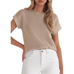 imagePRETTYGARDEN Womens 2026 Spring Fashion Sweater Vest Business Casual Crochet Tops Cap Sleeve Knit Shirt Beach Summer OutfitsKhaki