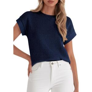 imagePRETTYGARDEN Womens 2026 Spring Fashion Sweater Vest Business Casual Crochet Tops Cap Sleeve Knit Shirt Beach Summer OutfitsNavy Blue