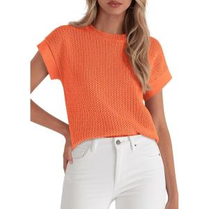 imagePRETTYGARDEN Womens 2026 Spring Fashion Sweater Vest Business Casual Crochet Tops Cap Sleeve Knit Shirt Beach Summer OutfitsOrange