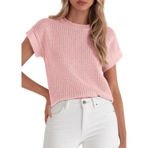imagePRETTYGARDEN Womens 2026 Spring Fashion Sweater Vest Business Casual Crochet Tops Cap Sleeve Knit Shirt Beach Summer OutfitsPink